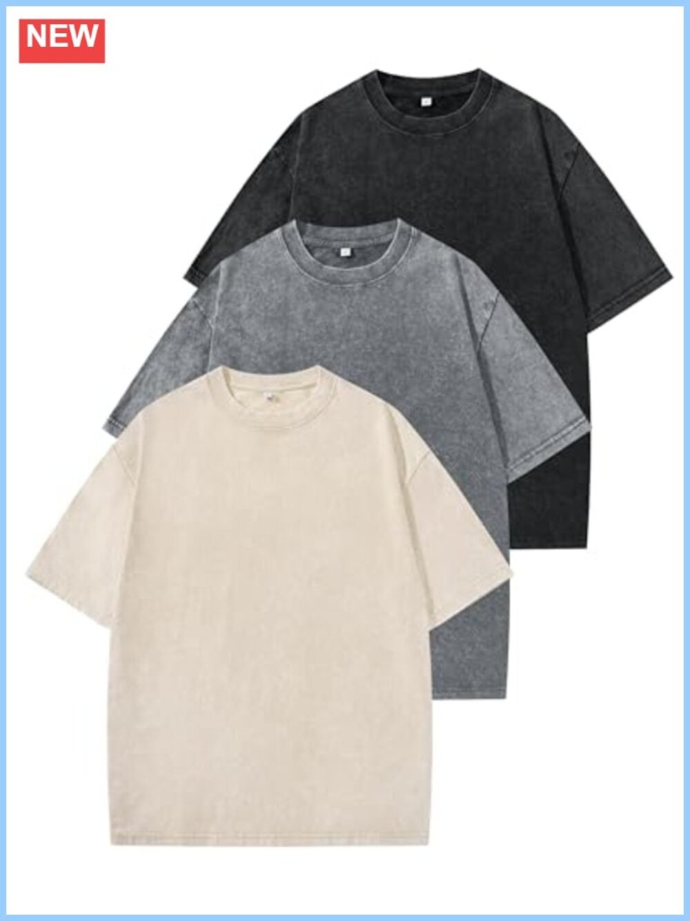 Mens Oversized T Shirts 3 Pack Acid Wash Cotton Heavyweight Crew Neck Tees